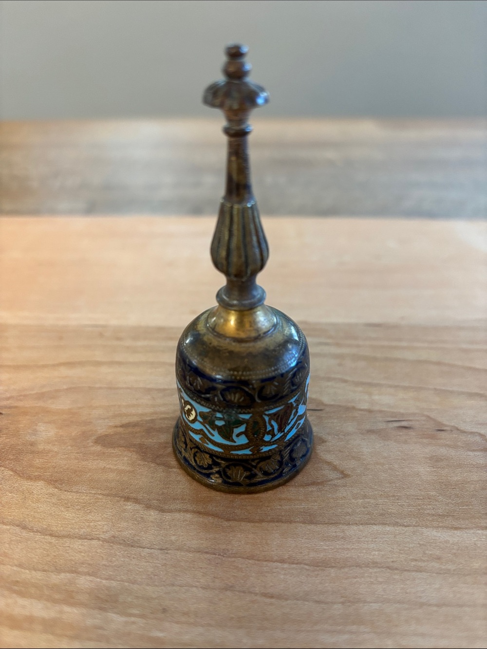 Vintage Brass Decorative Bell with Blue Enamel Accents